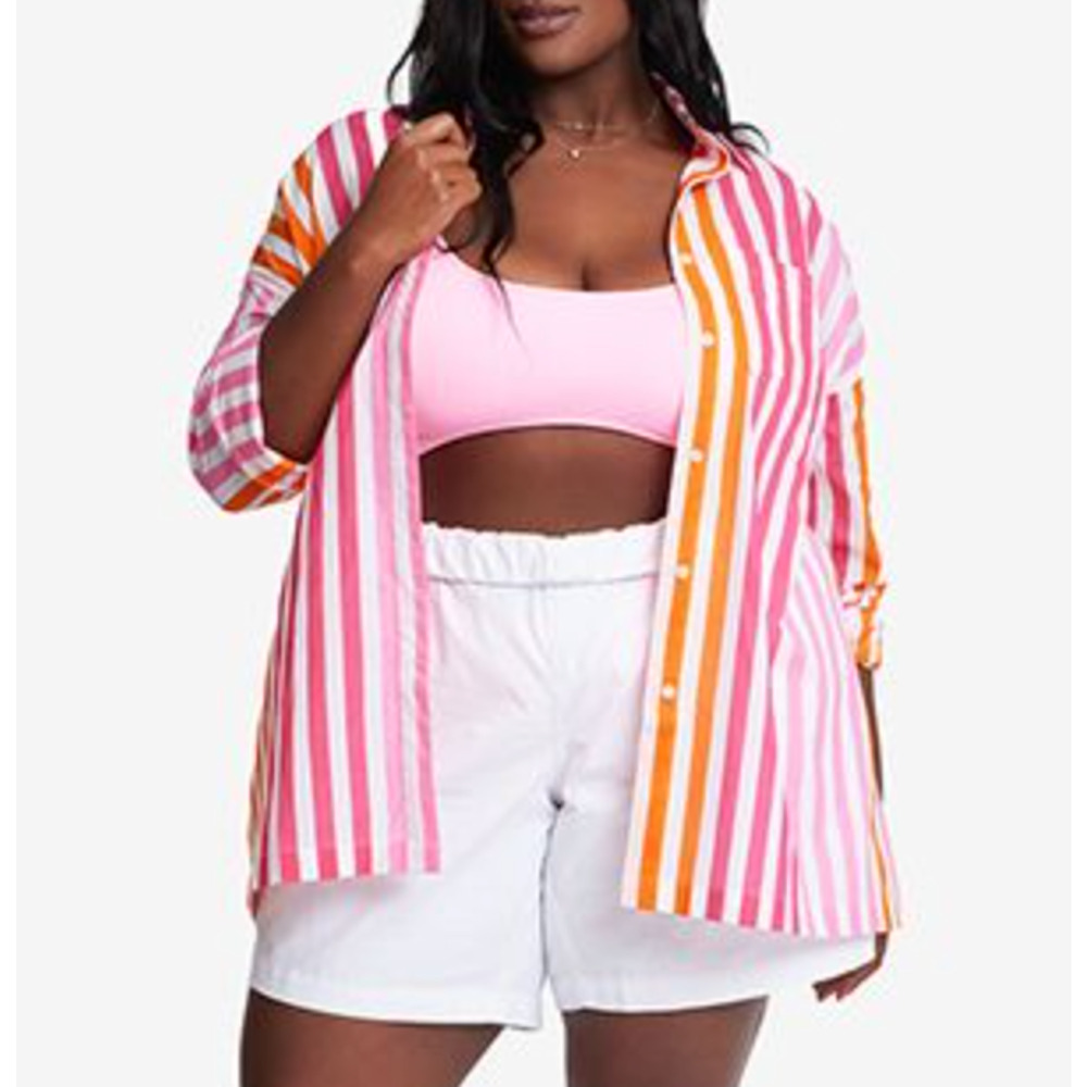 Beach Riot Alexa Button Up Top Swim Cover Up Pink Orange Striped Plus Size NWT